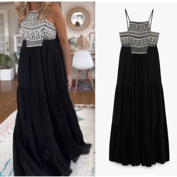 ZARA  Embroidered tiered flowy cotton long Dress NWT - Picture 7 of 14